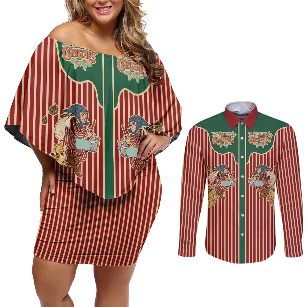 Western Yoke Couples Matching Off Shoulder Short Dress and Long Sleeve Button Shirt Befana Merry Christmas Retro Style - Wonder Print Shop