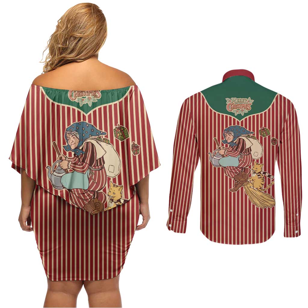 Western Yoke Couples Matching Off Shoulder Short Dress and Long Sleeve Button Shirt Befana Merry Christmas Retro Style - Wonder Print Shop