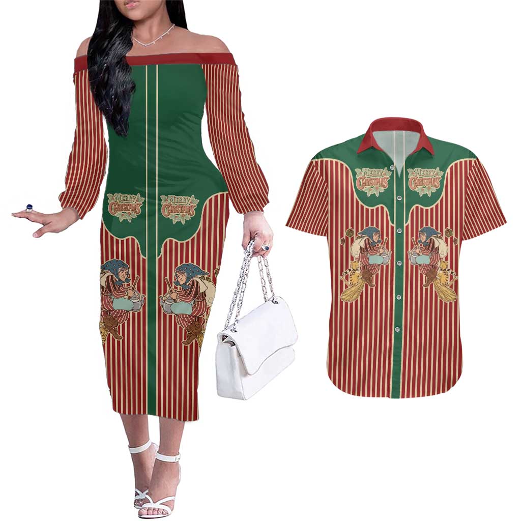 Western Yoke Couples Matching Off The Shoulder Long Sleeve Dress and Hawaiian Shirt Befana Merry Christmas Retro Style - Wonder Print Shop