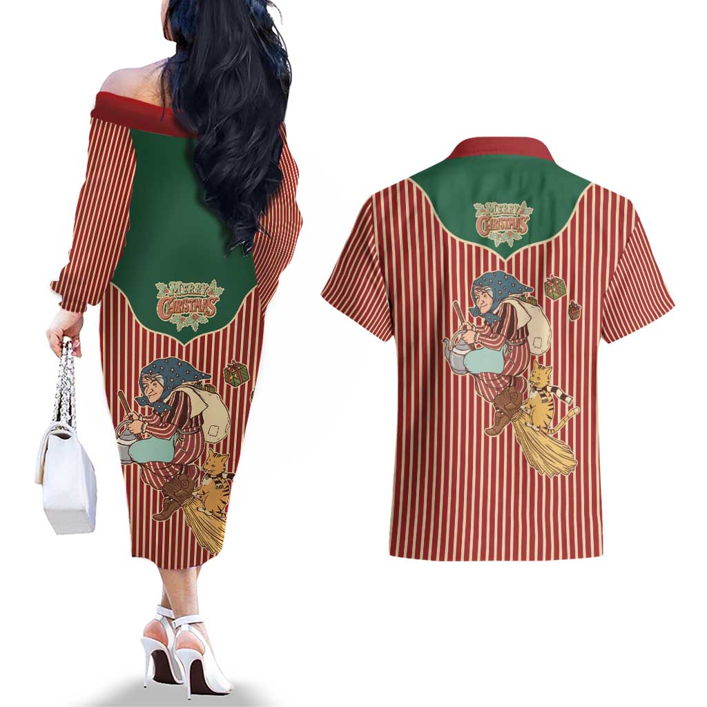 Western Yoke Couples Matching Off The Shoulder Long Sleeve Dress and Hawaiian Shirt Befana Merry Christmas Retro Style - Wonder Print Shop