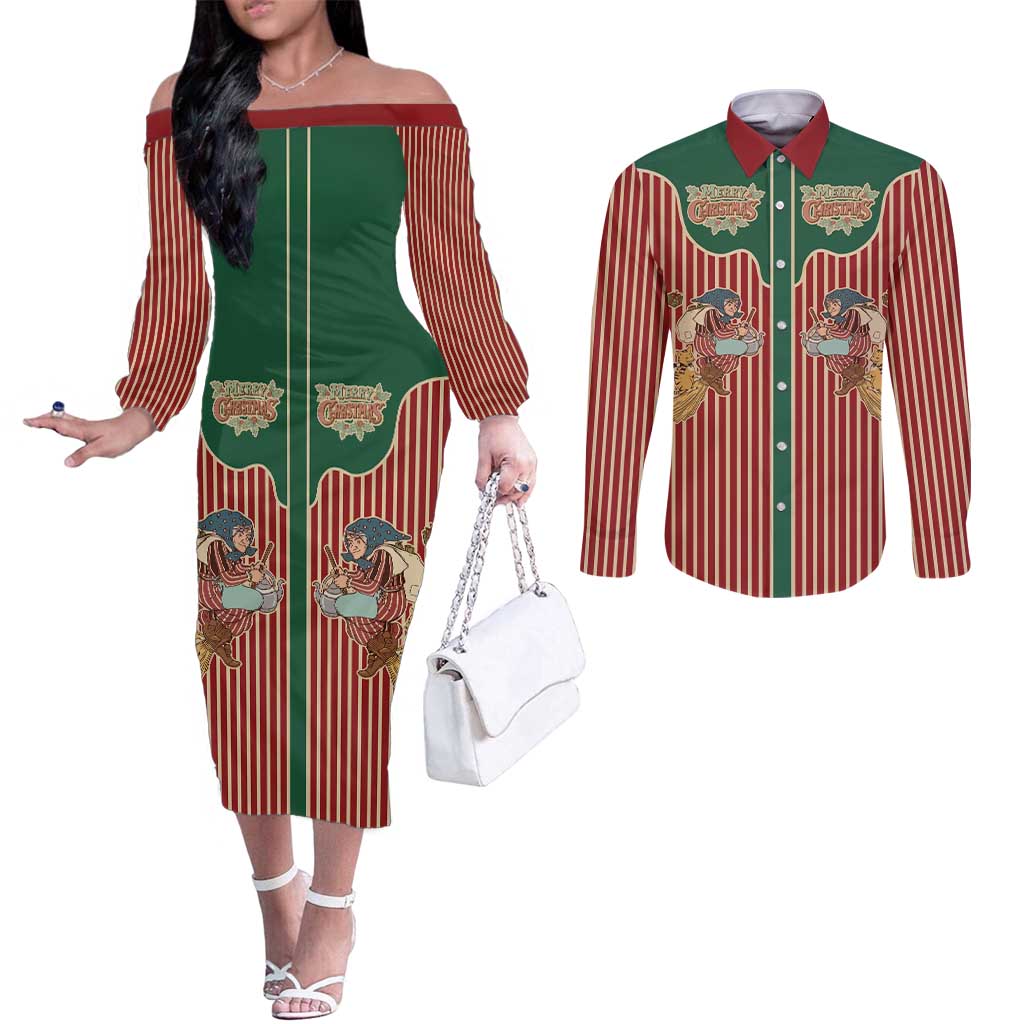 Western Yoke Couples Matching Off The Shoulder Long Sleeve Dress and Long Sleeve Button Shirt Befana Merry Christmas Retro Style - Wonder Print Shop