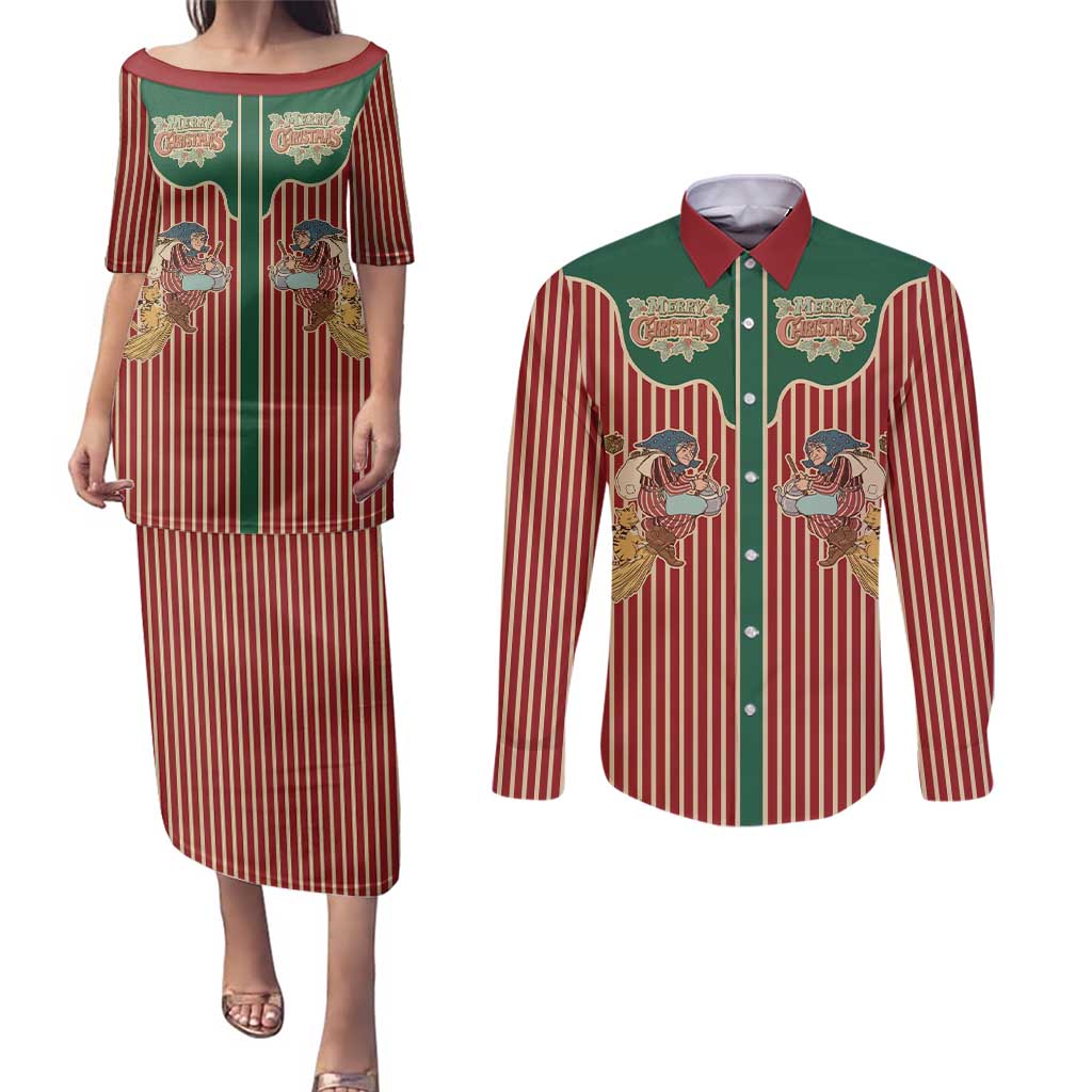 Western Yoke Couples Matching Puletasi and Long Sleeve Button Shirt Befana Merry Christmas Retro Style - Wonder Print Shop