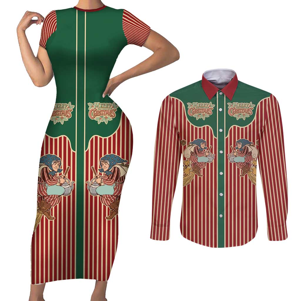 Western Yoke Couples Matching Short Sleeve Bodycon Dress and Long Sleeve Button Shirt Befana Merry Christmas Retro Style - Wonder Print Shop