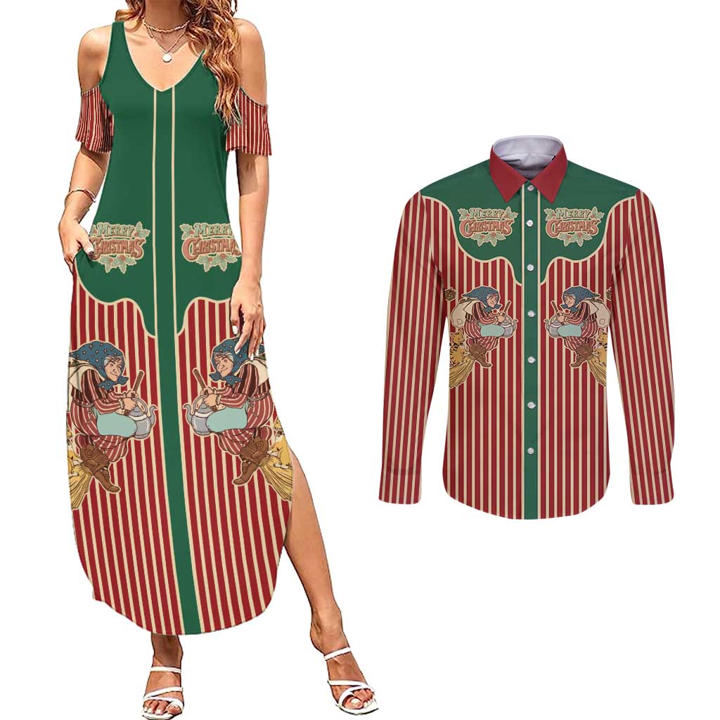 Western Yoke Couples Matching Summer Maxi Dress and Long Sleeve Button Shirt Befana Merry Christmas Retro Style - Wonder Print Shop