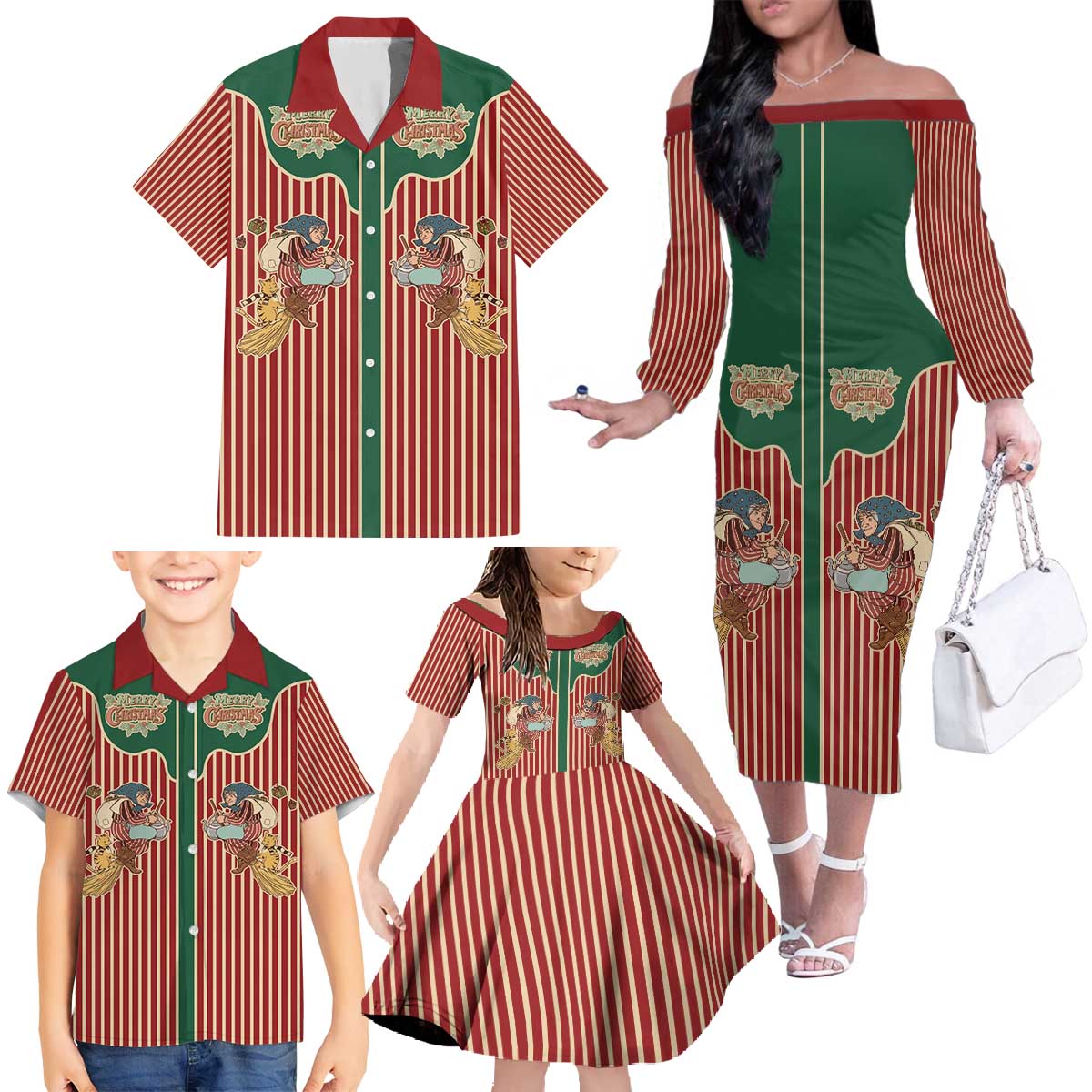 Western Yoke Family Matching Off The Shoulder Long Sleeve Dress and Hawaiian Shirt Befana Merry Christmas Retro Style - Wonder Print Shop