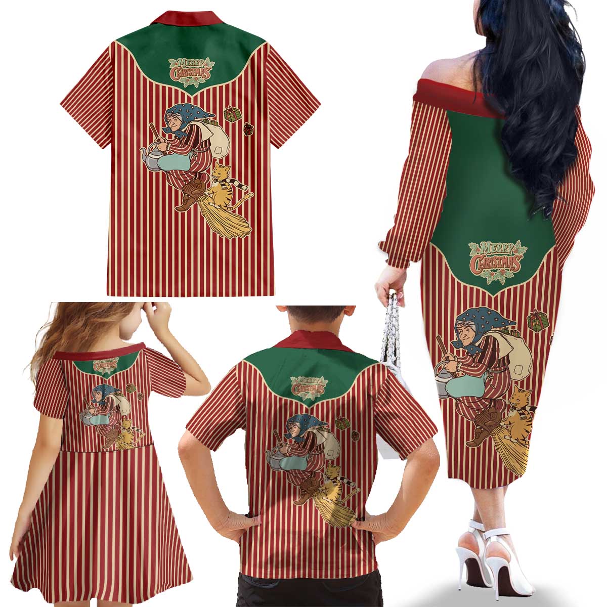 Western Yoke Family Matching Off The Shoulder Long Sleeve Dress and Hawaiian Shirt Befana Merry Christmas Retro Style - Wonder Print Shop