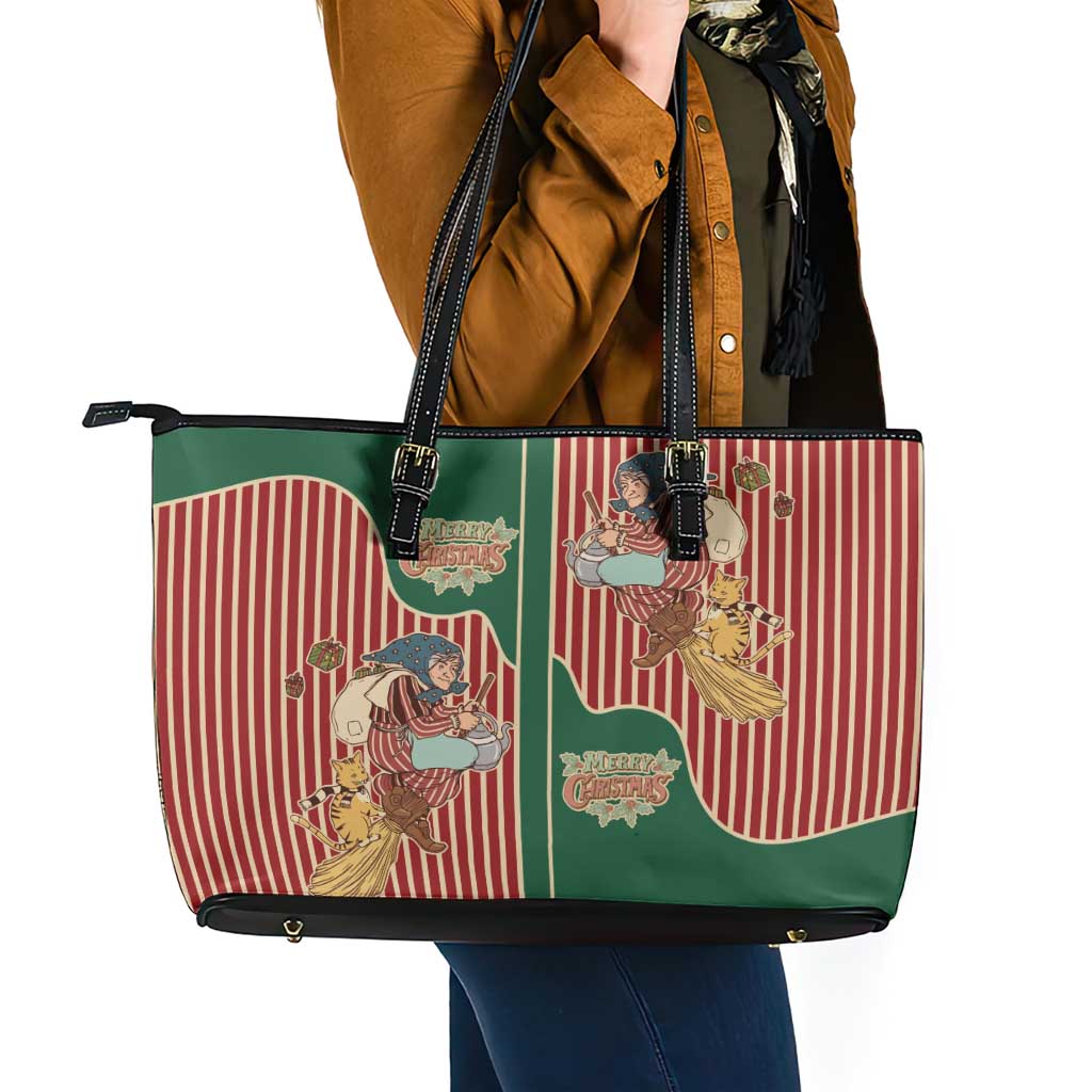 Western Yoke Leather Tote Bag Befana Merry Christmas Retro Style - Wonder Print Shop