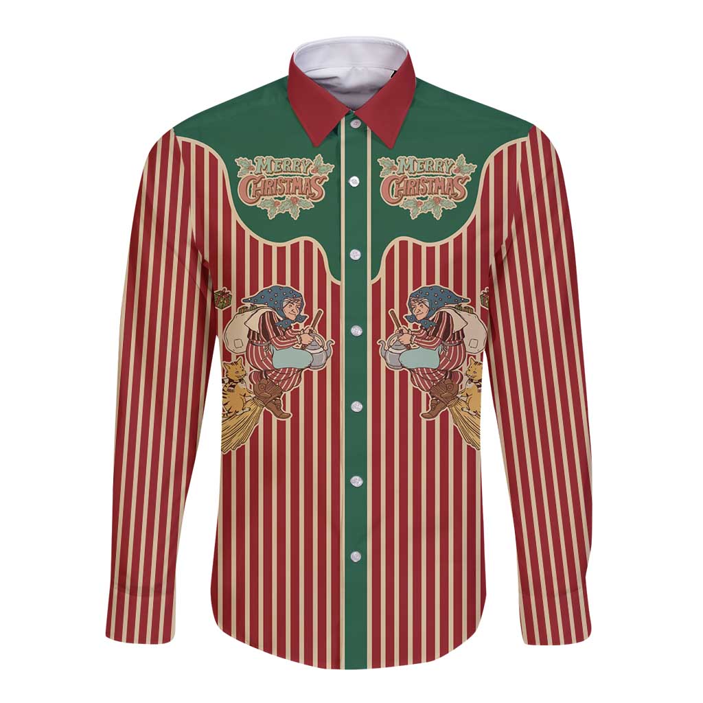 Western Yoke Long Sleeve Button Shirt Befana Merry Christmas Retro Style - Wonder Print Shop