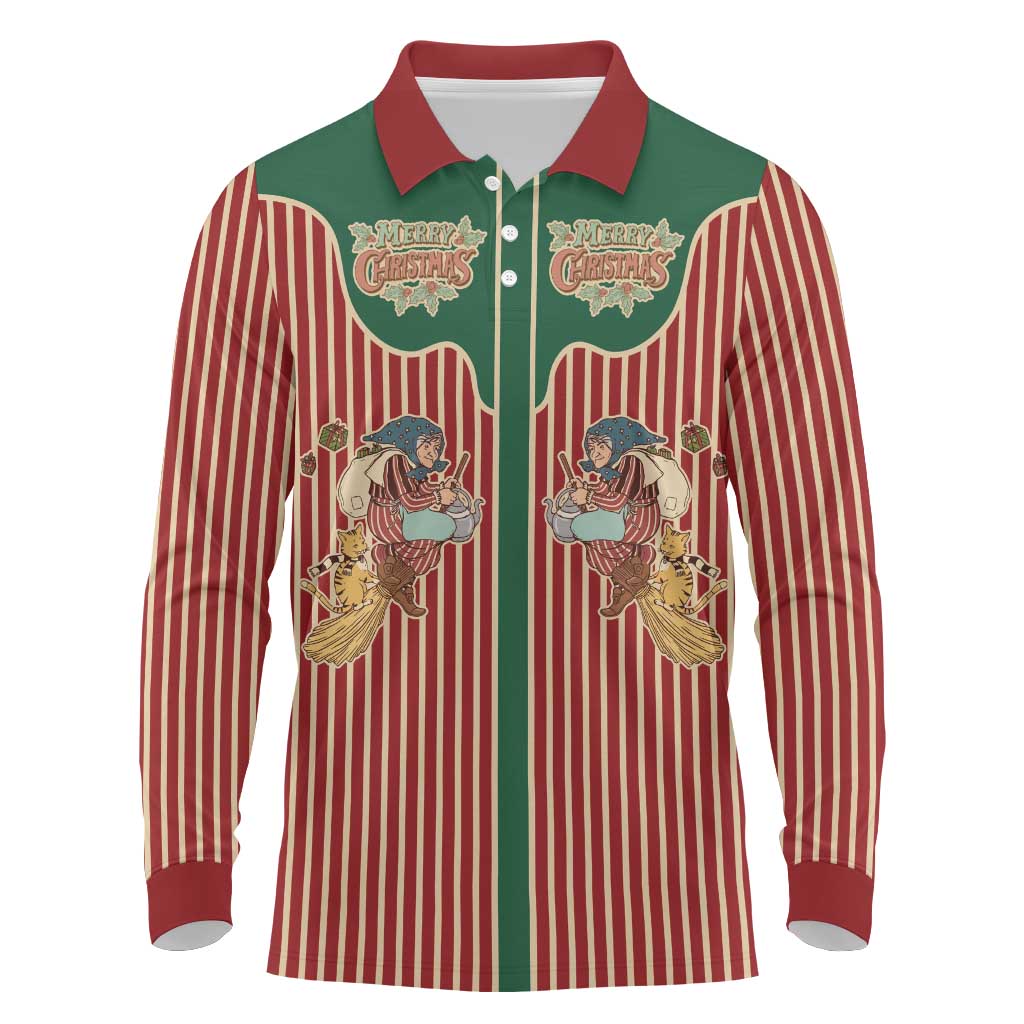 Western Yoke Long Sleeve Polo Shirt Befana Merry Christmas Retro Style - Wonder Print Shop