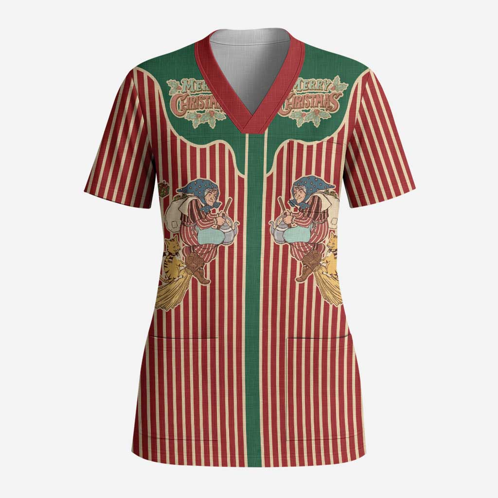 Western Yoke Scrub Top Befana Merry Christmas Retro Style - Wonder Print Shop