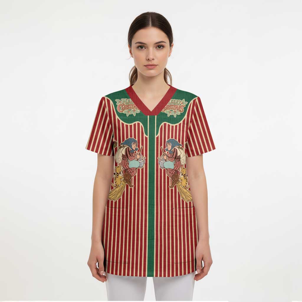 Western Yoke Scrub Top Befana Merry Christmas Retro Style - Wonder Print Shop