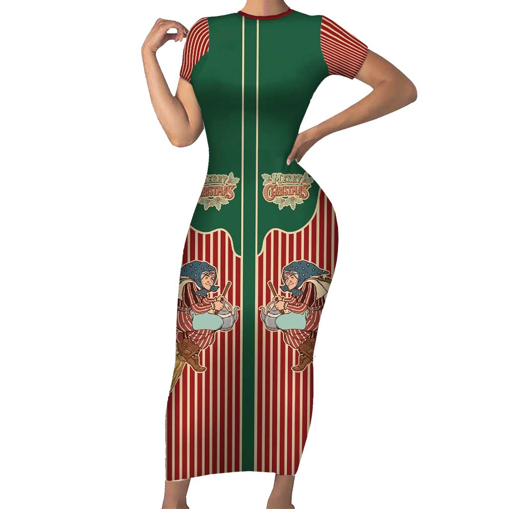 Western Yoke Short Sleeve Bodycon Dress Befana Merry Christmas Retro Style - Wonder Print Shop