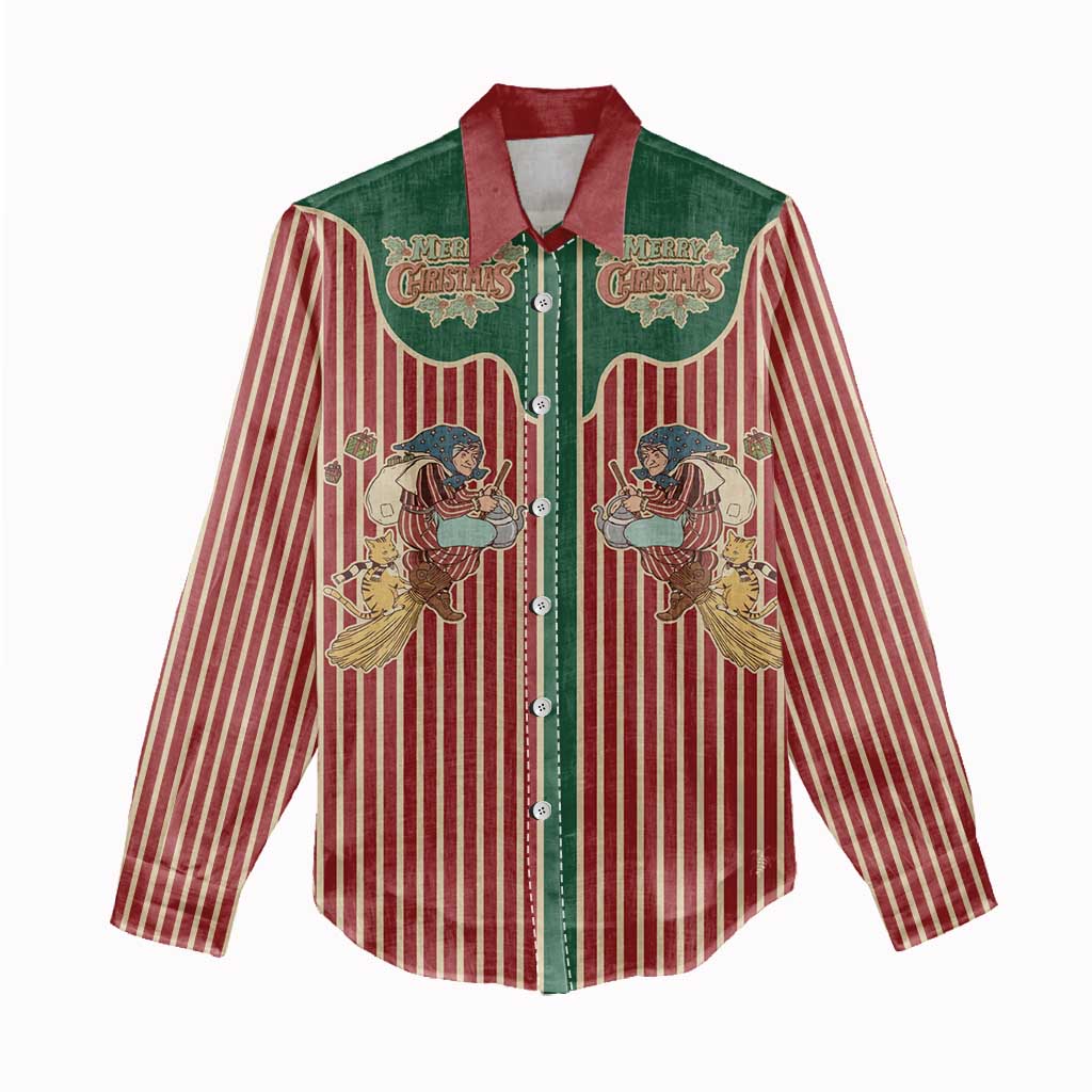 Western Yoke Women Casual Shirt Befana Merry Christmas Retro Style - Wonder Print Shop