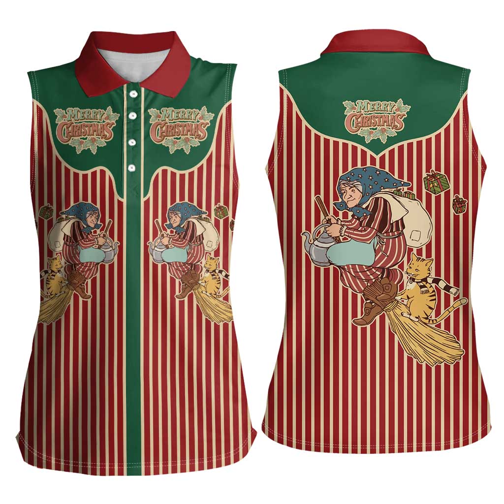 Western Yoke Women Sleeveless Polo Shirt Befana Merry Christmas Retro Style - Wonder Print Shop