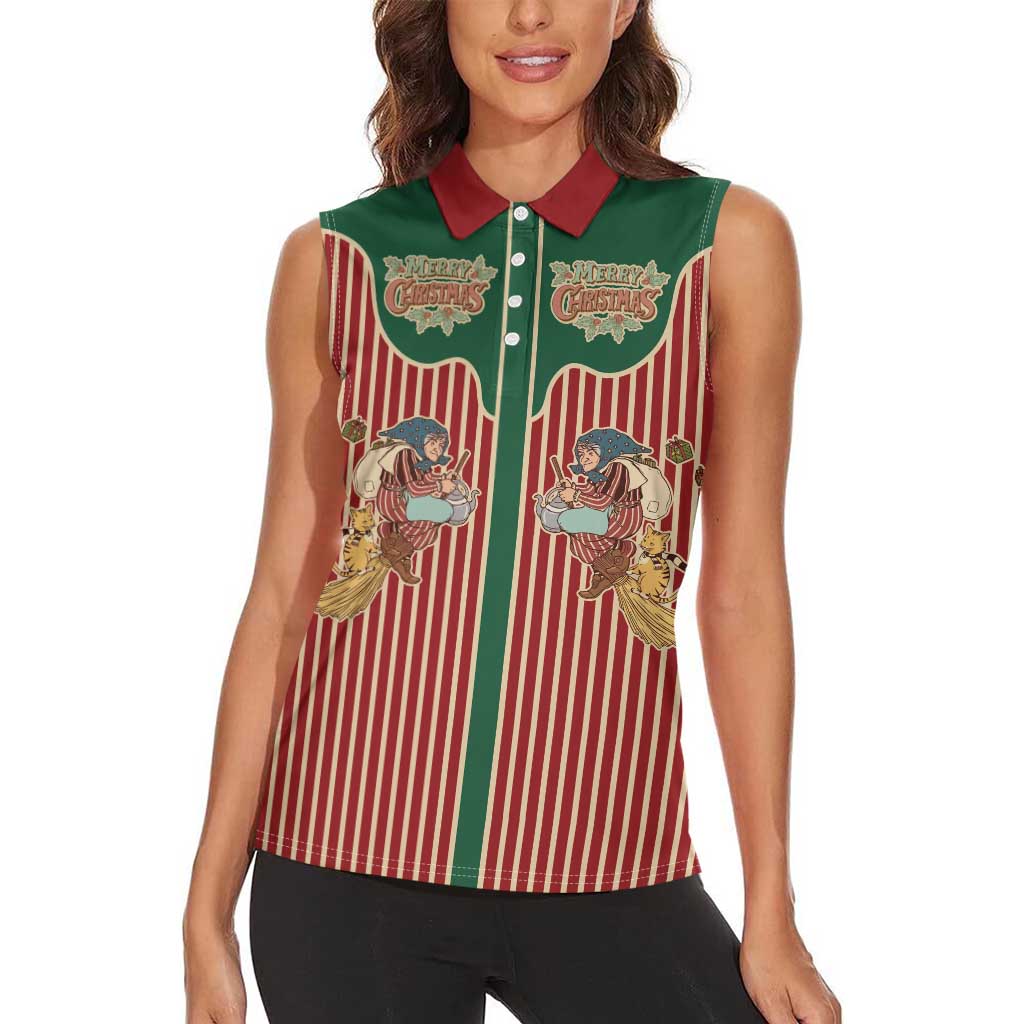 Western Yoke Women Sleeveless Polo Shirt Befana Merry Christmas Retro Style - Wonder Print Shop