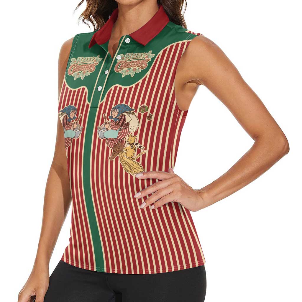 Western Yoke Women Sleeveless Polo Shirt Befana Merry Christmas Retro Style - Wonder Print Shop