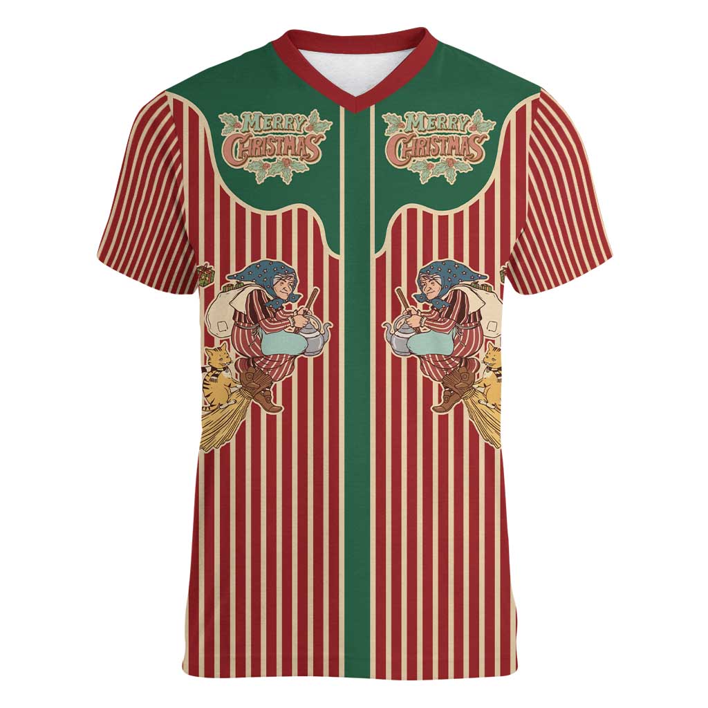 Western Yoke Women V-Neck T-Shirt Befana Merry Christmas Retro Style - Wonder Print Shop