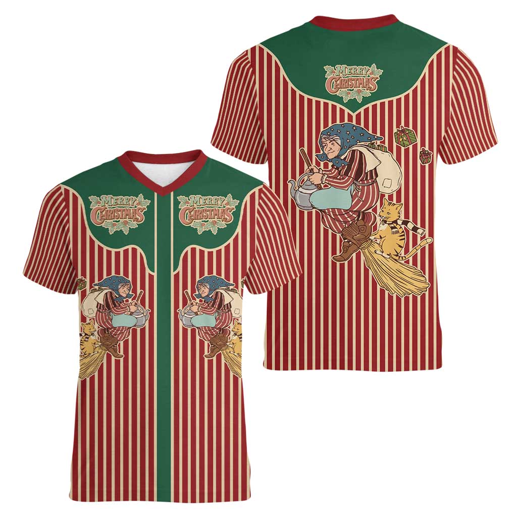 Western Yoke Women V-Neck T-Shirt Befana Merry Christmas Retro Style - Wonder Print Shop