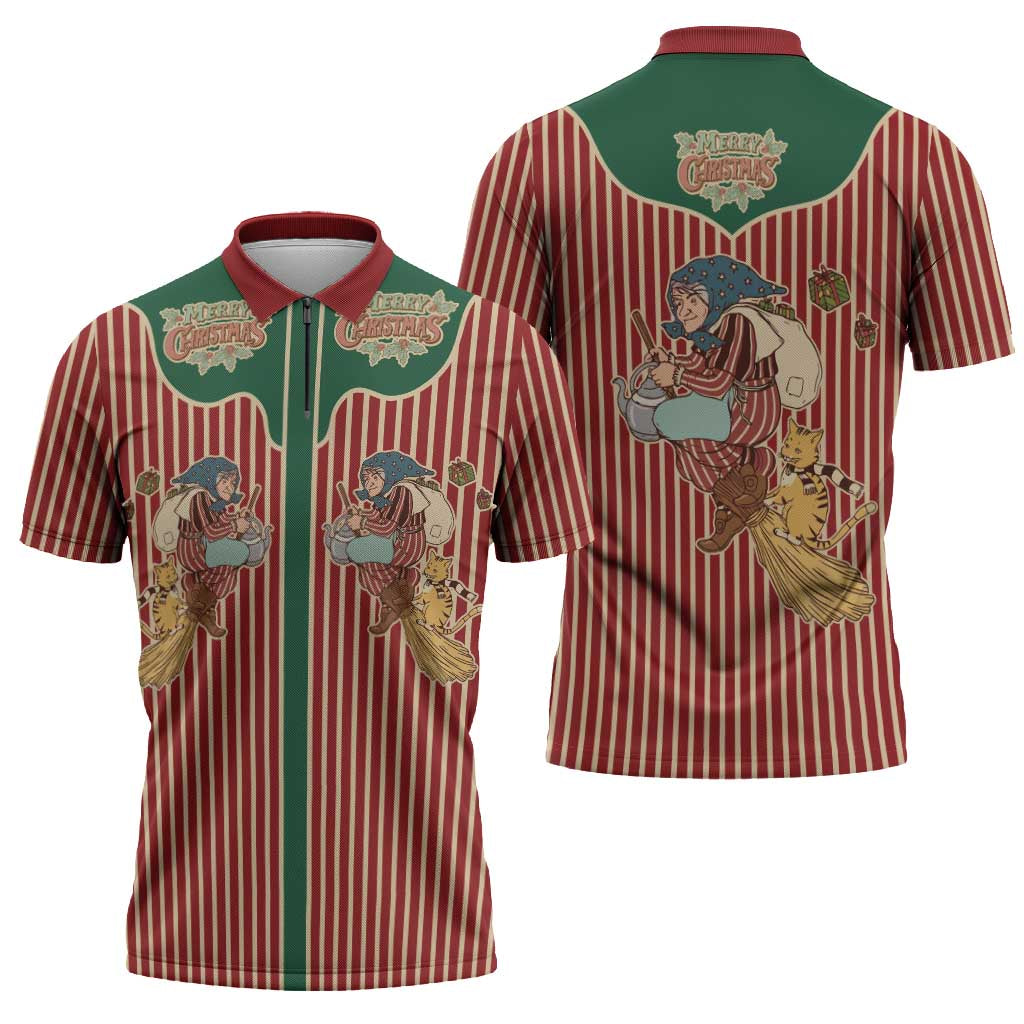 Western Yoke Zipper Polo Shirt Befana Merry Christmas Retro Style - Wonder Print Shop
