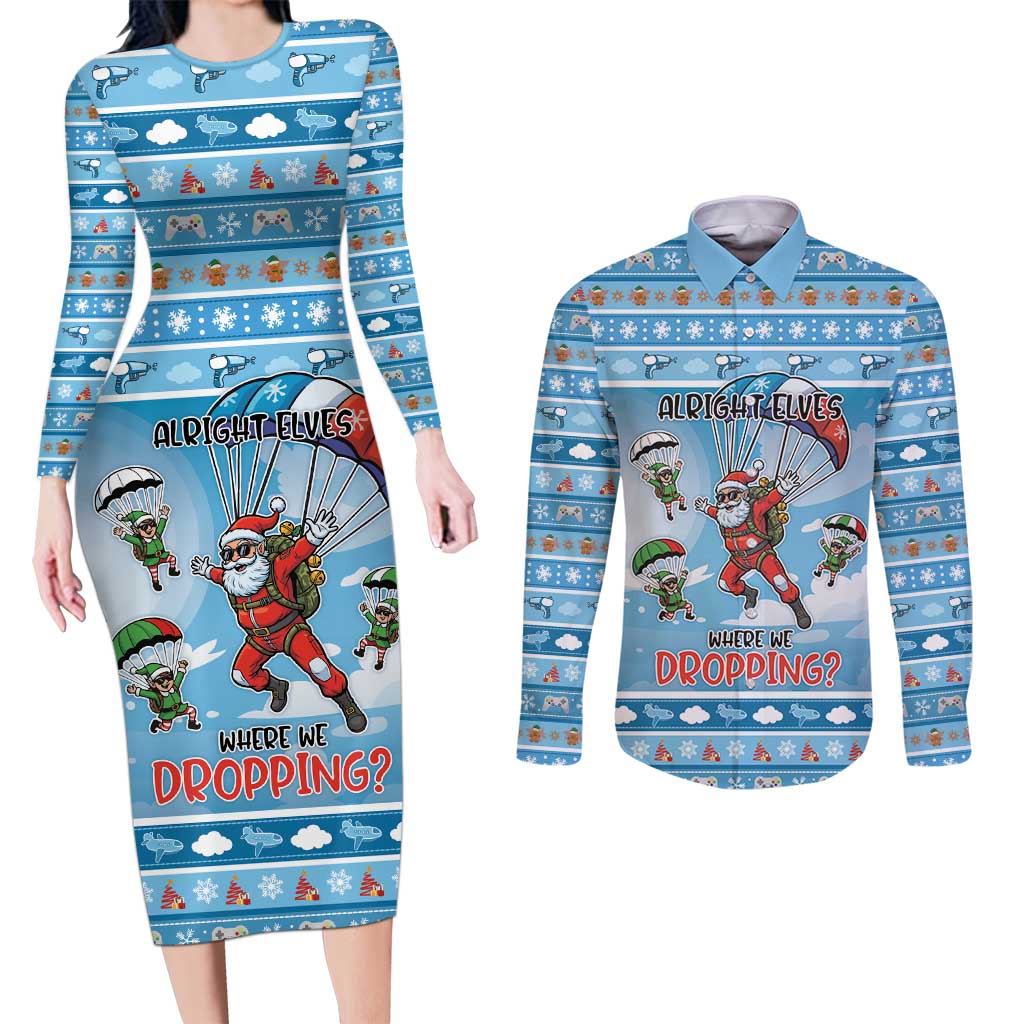 Gamer Christmas Couples Matching Long Sleeve Bodycon Dress and Long Sleeve Button Shirt Alright Elves Where We Dropping - Wonder Print Shop