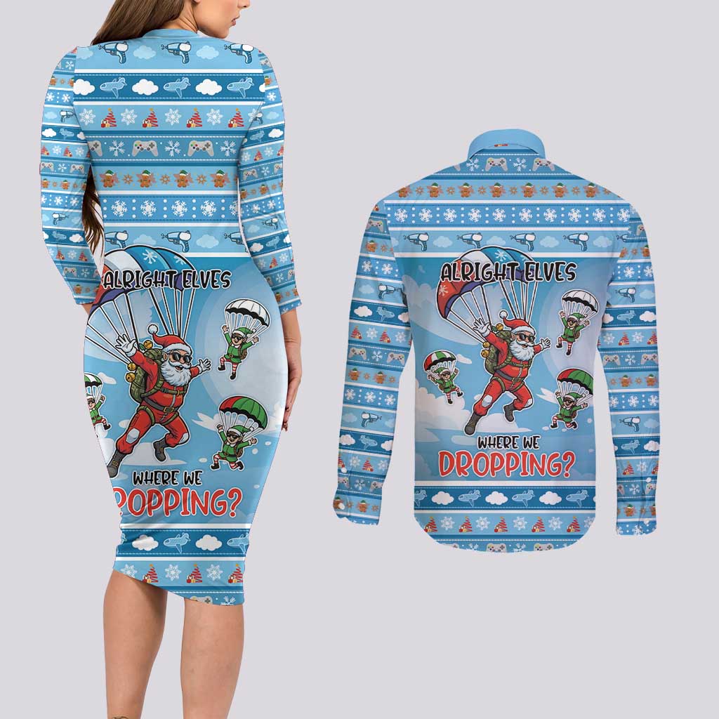 Gamer Christmas Couples Matching Long Sleeve Bodycon Dress and Long Sleeve Button Shirt Alright Elves Where We Dropping - Wonder Print Shop