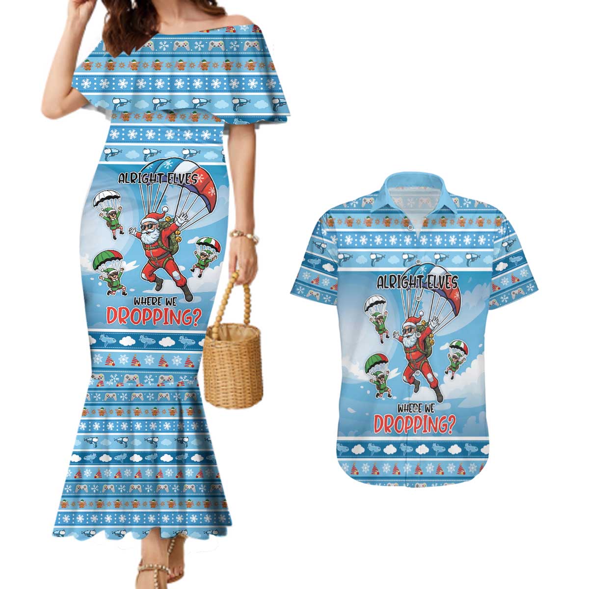 Gamer Christmas Couples Matching Mermaid Dress and Hawaiian Shirt Alright Elves Where We Dropping - Wonder Print Shop