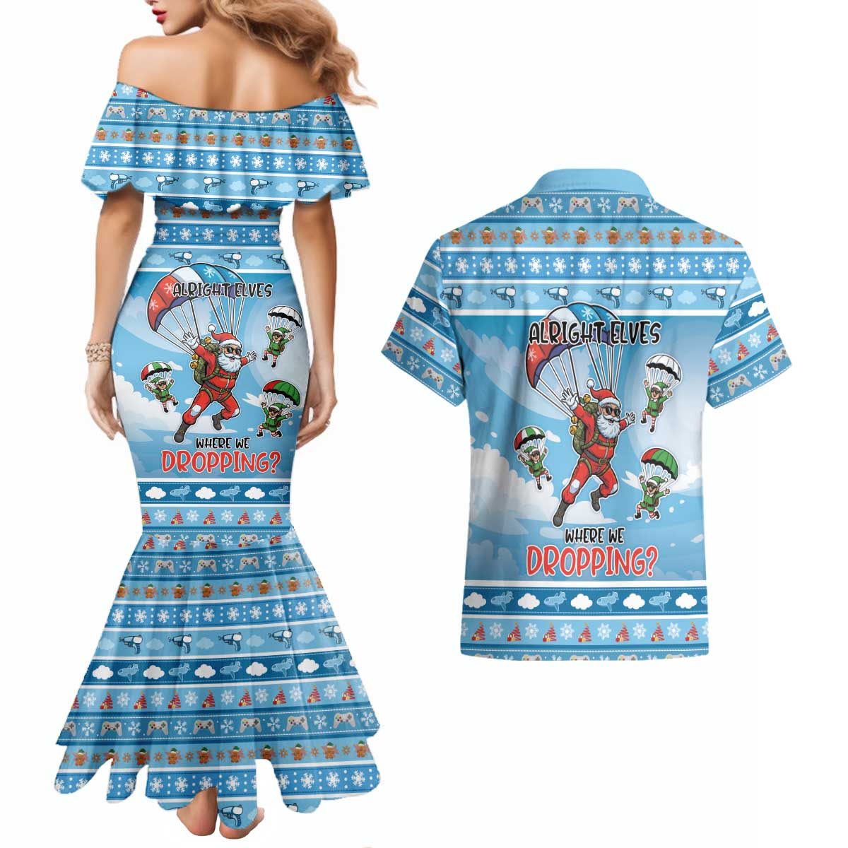 Gamer Christmas Couples Matching Mermaid Dress and Hawaiian Shirt Alright Elves Where We Dropping - Wonder Print Shop