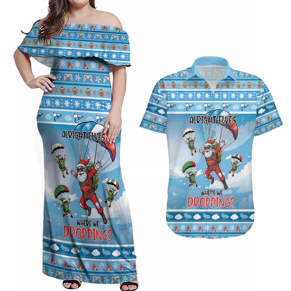 Gamer Christmas Couples Matching Off Shoulder Maxi Dress and Hawaiian Shirt Alright Elves Where We Dropping - Wonder Print Shop