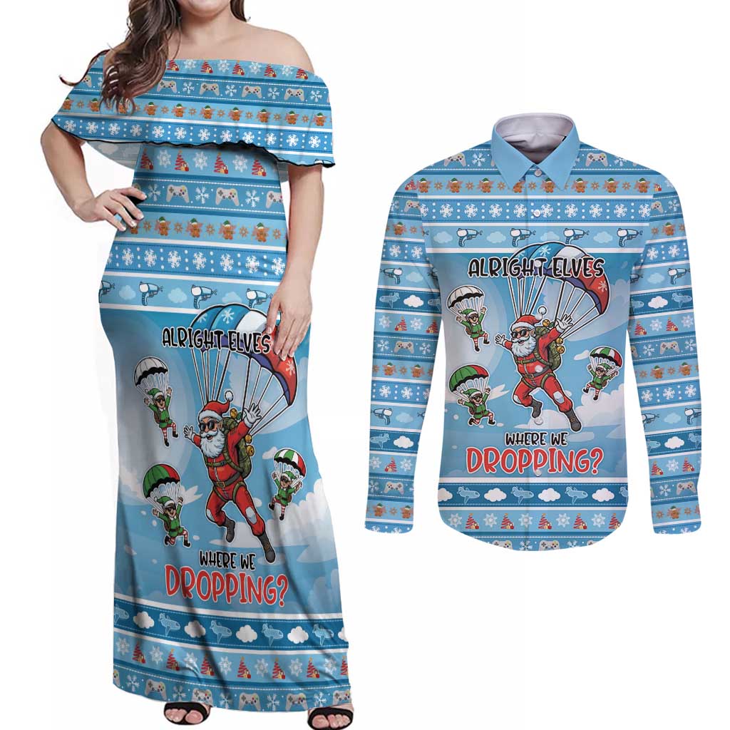 Gamer Christmas Couples Matching Off Shoulder Maxi Dress and Long Sleeve Button Shirt Alright Elves Where We Dropping - Wonder Print Shop