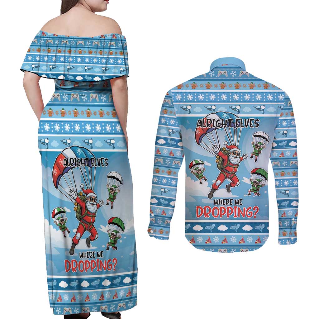 Gamer Christmas Couples Matching Off Shoulder Maxi Dress and Long Sleeve Button Shirt Alright Elves Where We Dropping - Wonder Print Shop