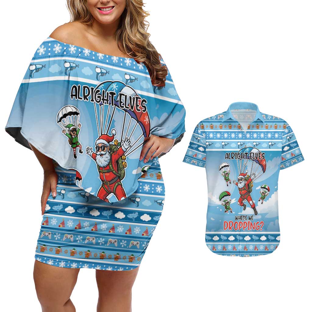Gamer Christmas Couples Matching Off Shoulder Short Dress and Hawaiian Shirt Alright Elves Where We Dropping - Wonder Print Shop