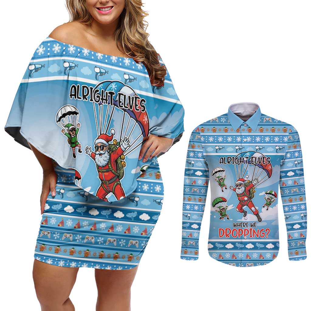 Gamer Christmas Couples Matching Off Shoulder Short Dress and Long Sleeve Button Shirt Alright Elves Where We Dropping - Wonder Print Shop