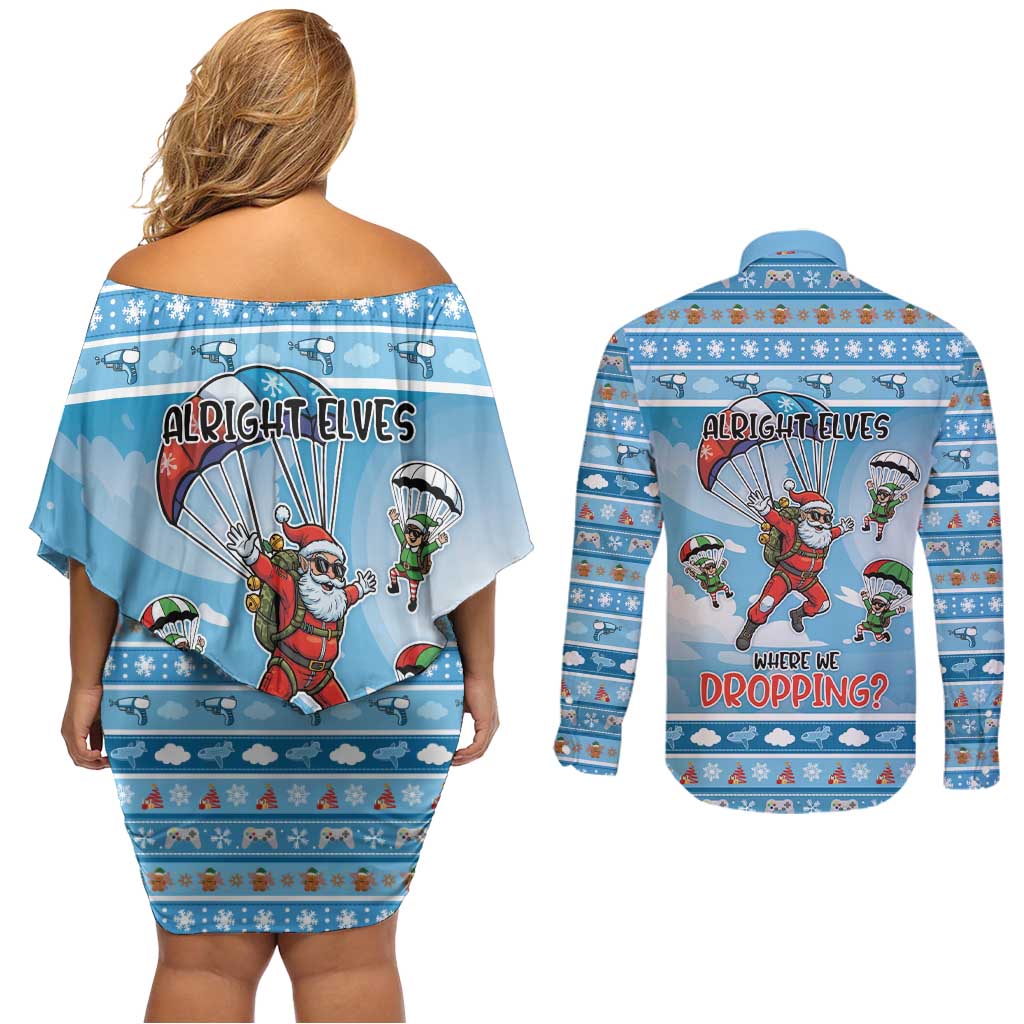 Gamer Christmas Couples Matching Off Shoulder Short Dress and Long Sleeve Button Shirt Alright Elves Where We Dropping - Wonder Print Shop