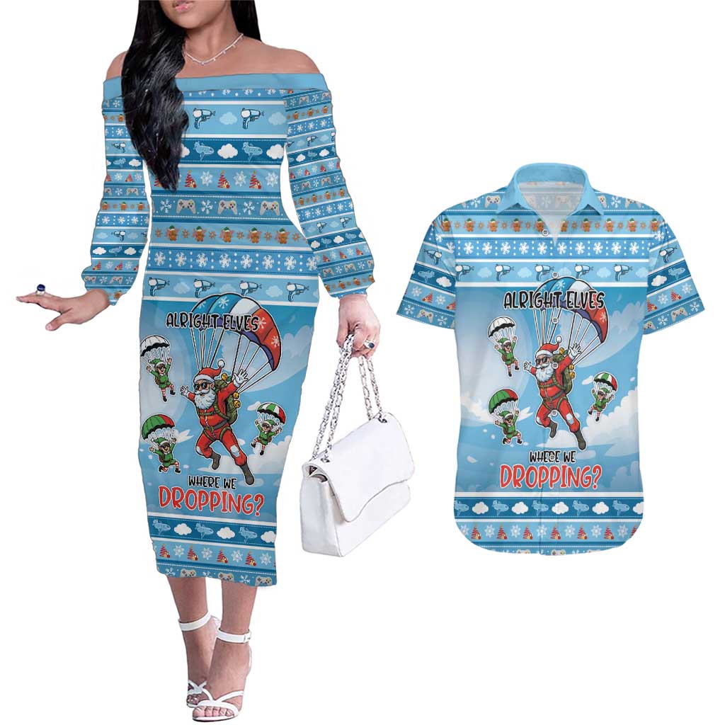 Gamer Christmas Couples Matching Off The Shoulder Long Sleeve Dress and Hawaiian Shirt Alright Elves Where We Dropping - Wonder Print Shop
