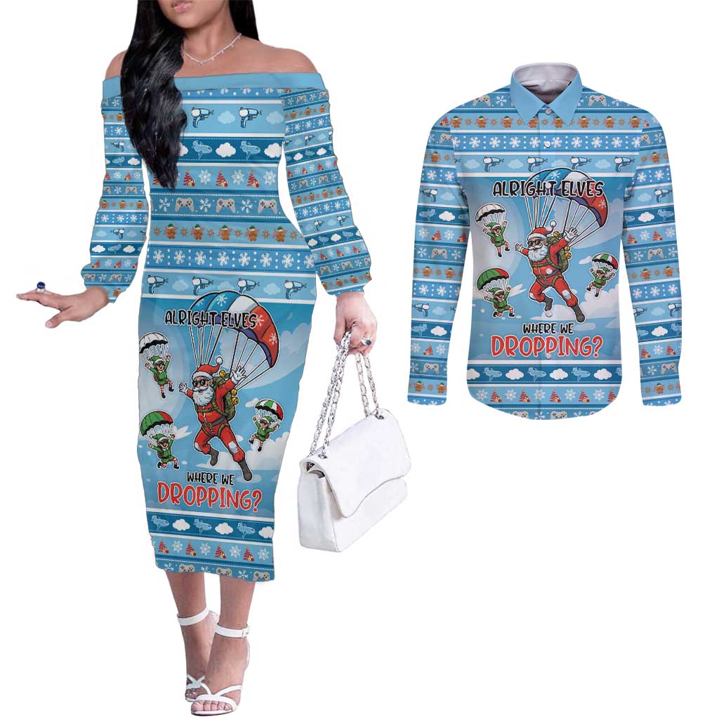 Gamer Christmas Couples Matching Off The Shoulder Long Sleeve Dress and Long Sleeve Button Shirt Alright Elves Where We Dropping - Wonder Print Shop