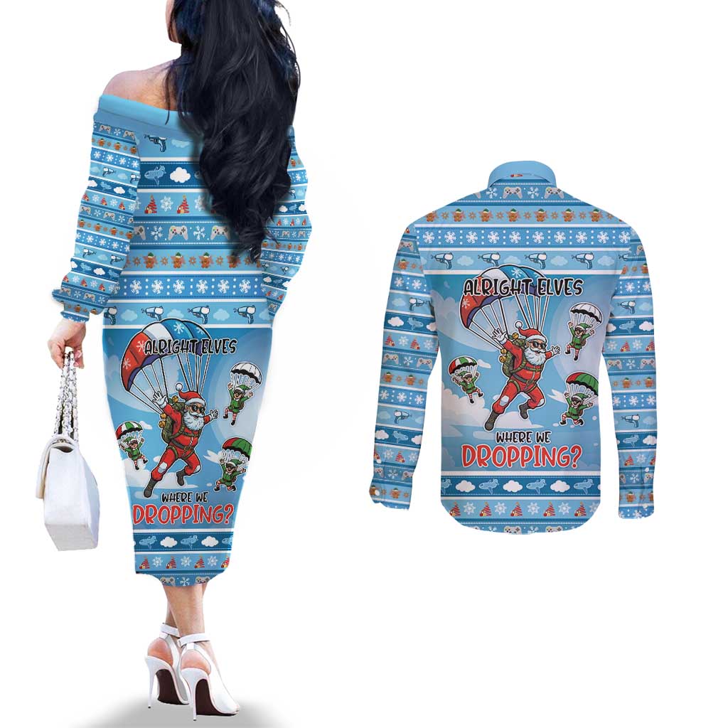 Gamer Christmas Couples Matching Off The Shoulder Long Sleeve Dress and Long Sleeve Button Shirt Alright Elves Where We Dropping - Wonder Print Shop