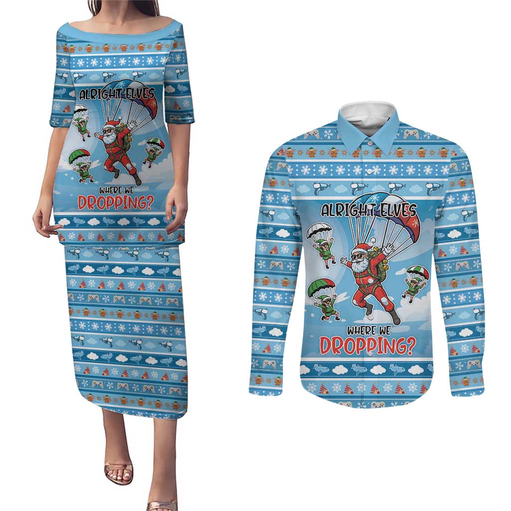 Gamer Christmas Couples Matching Puletasi and Long Sleeve Button Shirt Alright Elves Where We Dropping - Wonder Print Shop