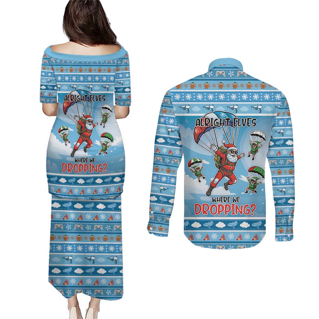Gamer Christmas Couples Matching Puletasi and Long Sleeve Button Shirt Alright Elves Where We Dropping - Wonder Print Shop