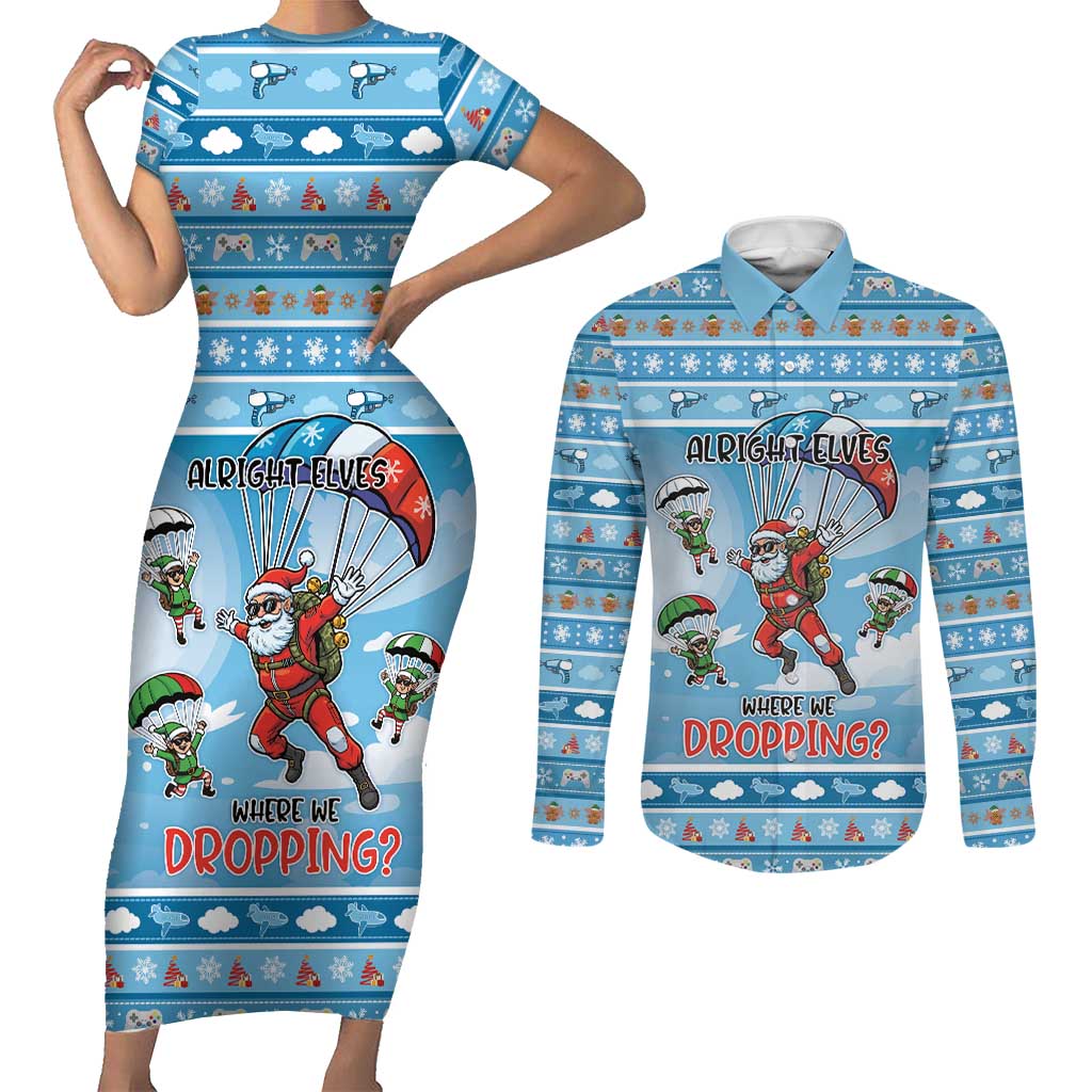 Gamer Christmas Couples Matching Short Sleeve Bodycon Dress and Long Sleeve Button Shirt Alright Elves Where We Dropping - Wonder Print Shop