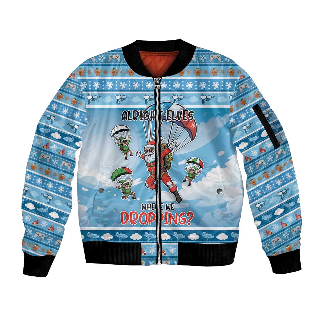Gamer Christmas Sleeve Zip Bomber Jacket Alright Elves Where We Dropping - Wonder Print Shop