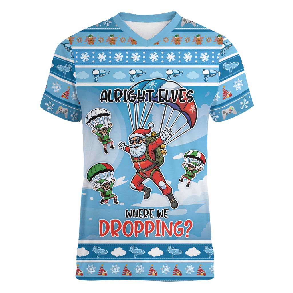 Gamer Christmas Women V-Neck T-Shirt Alright Elves Where We Dropping - Wonder Print Shop