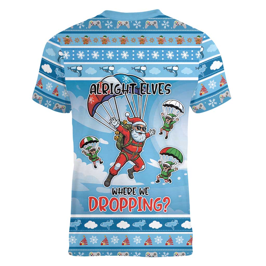 Gamer Christmas Women V-Neck T-Shirt Alright Elves Where We Dropping - Wonder Print Shop