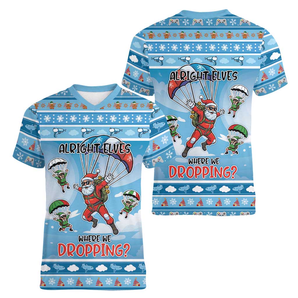 Gamer Christmas Women V-Neck T-Shirt Alright Elves Where We Dropping - Wonder Print Shop