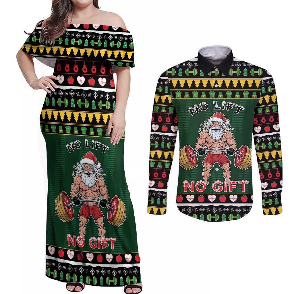 Xmas Gymer Christmas Couples Matching Off Shoulder Maxi Dress and Long Sleeve Button Shirt No Lift No Gift - Wonder Print Shop