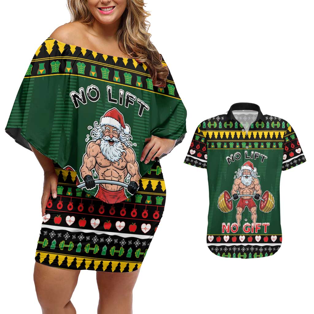 Xmas Gymer Christmas Couples Matching Off Shoulder Short Dress and Hawaiian Shirt No Lift No Gift - Wonder Print Shop