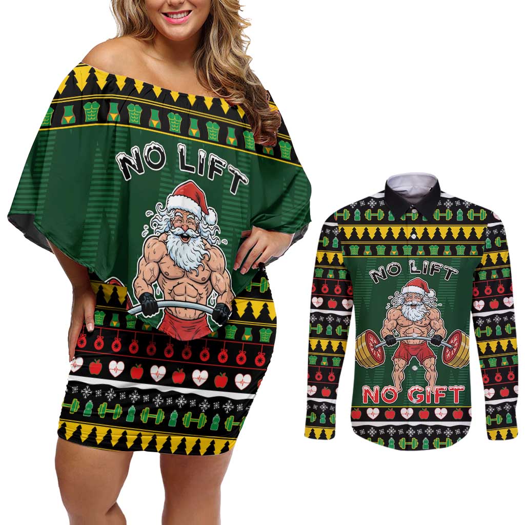 Xmas Gymer Christmas Couples Matching Off Shoulder Short Dress and Long Sleeve Button Shirt No Lift No Gift - Wonder Print Shop