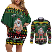Xmas Gymer Christmas Couples Matching Off Shoulder Short Dress and Long Sleeve Button Shirt No Lift No Gift - Wonder Print Shop