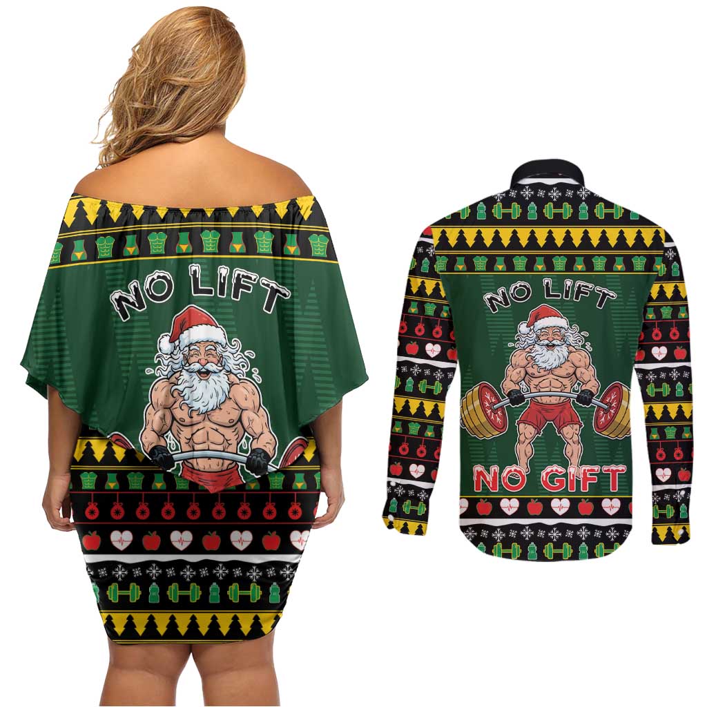 Xmas Gymer Christmas Couples Matching Off Shoulder Short Dress and Long Sleeve Button Shirt No Lift No Gift - Wonder Print Shop