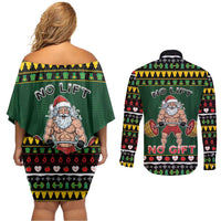 Xmas Gymer Christmas Couples Matching Off Shoulder Short Dress and Long Sleeve Button Shirt No Lift No Gift - Wonder Print Shop
