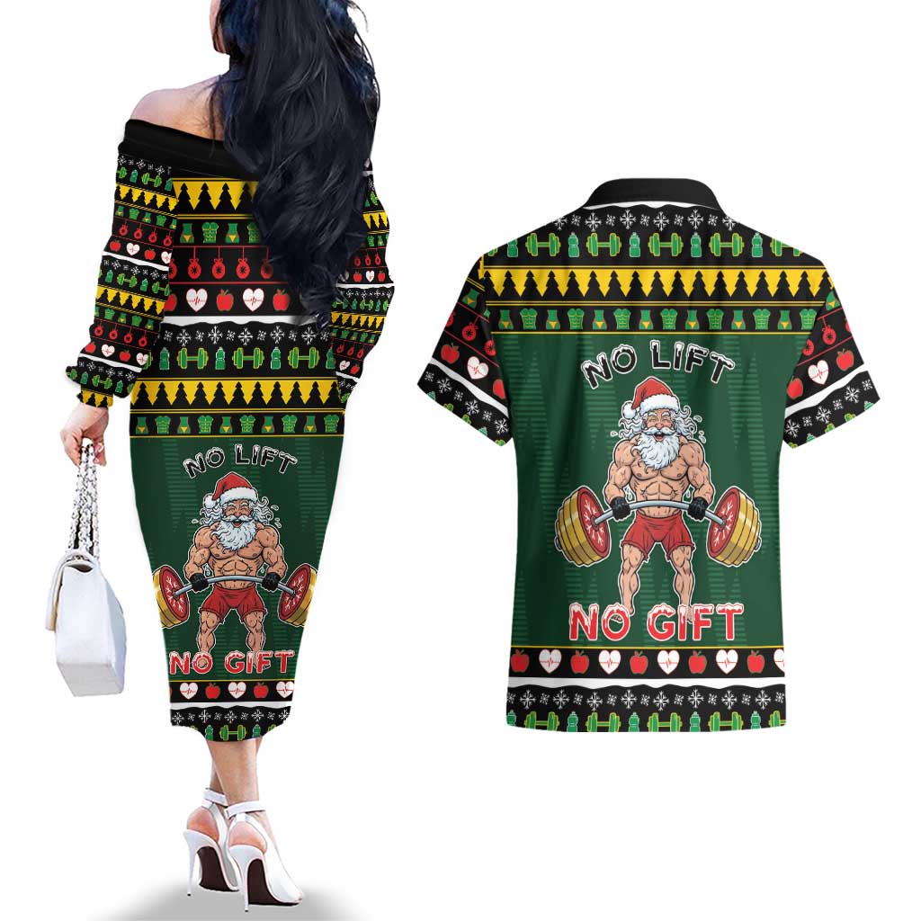 Xmas Gymer Christmas Couples Matching Off The Shoulder Long Sleeve Dress and Hawaiian Shirt No Lift No Gift - Wonder Print Shop